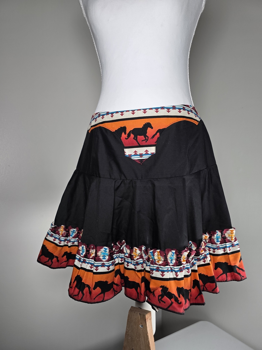 NWOT Handmade Black Western Horse Print Ruffle Skirt